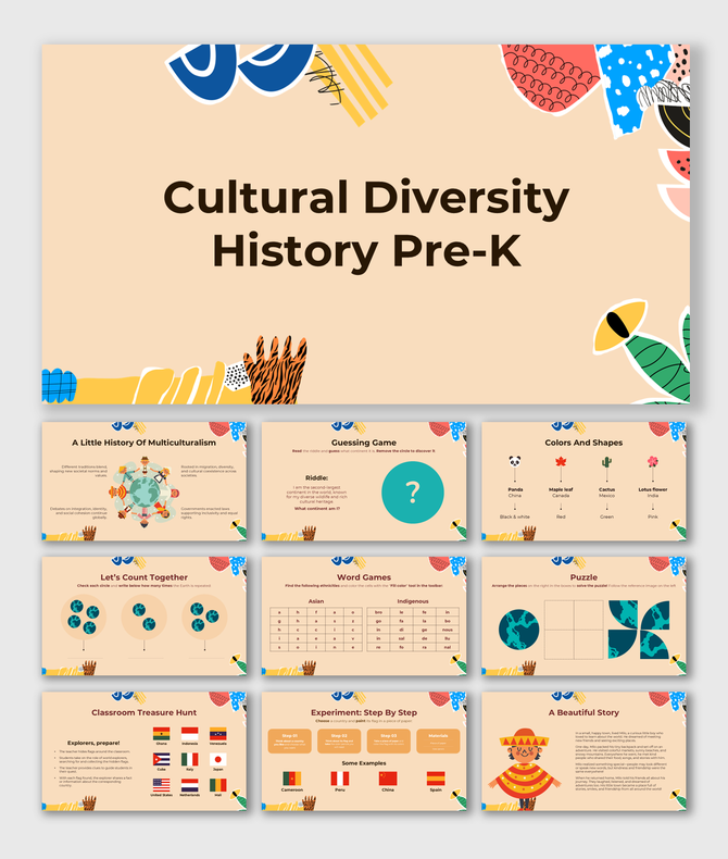 Cultural diversity history Pre-K slides with flags, puzzles, games, and activities in colorful kid-friendly designs.