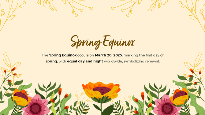 Spring Equinox slide with March 20, 2025 date, floral border, pastel background, and text on equal day and night balance.