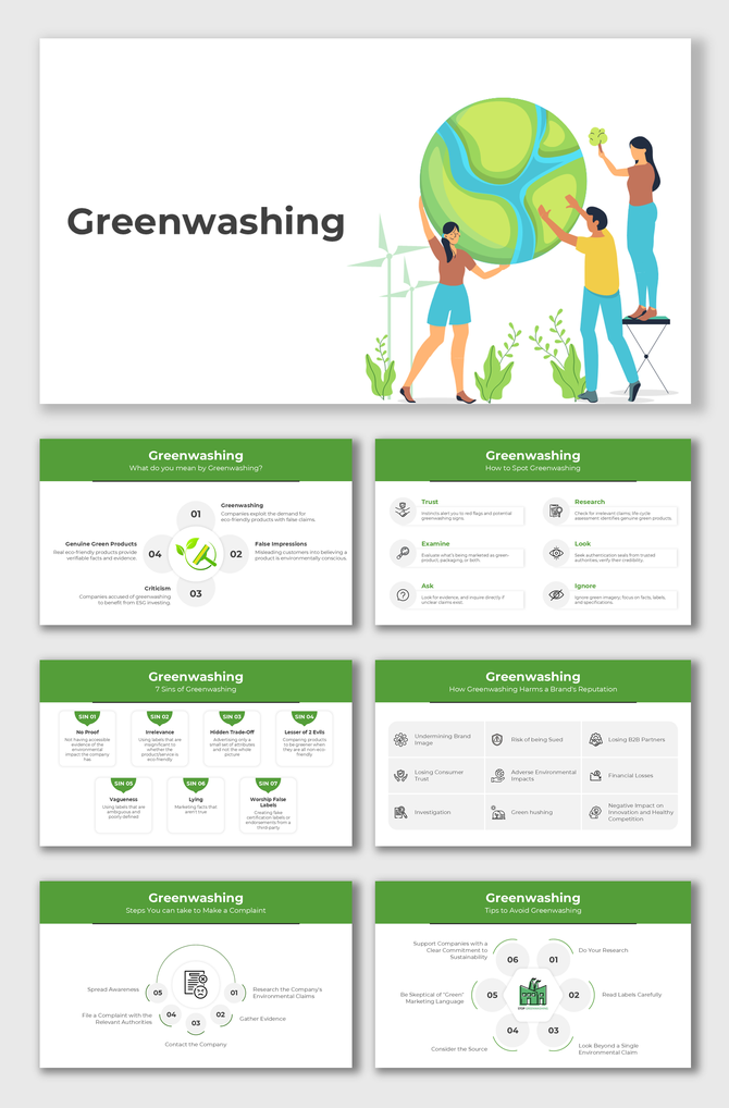 Greenwashing slide deck with tips, harms, sins, complaint steps, icons, and green visuals in a clea flat design.