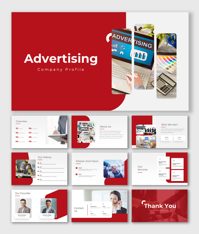 Advertising Company Profile presentation with red-white theme, service overview, team, mission, history, and contact details.