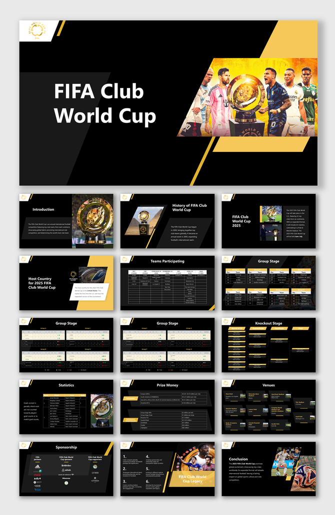 2025 FIFA Club World Cup slides with black-gold theme, showing players, group tables, venues, stats, and prize info.