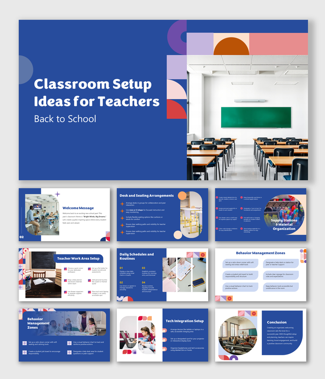 Classroom Setup Ideas For Teachers Back To School with colorful slides, icons, seating plans, routines, teacher setup tip.