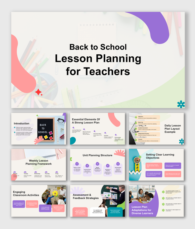 Back To School Lesson Planning For Teachers with colorful shapes, layouts, and tips for effective classroom planning.