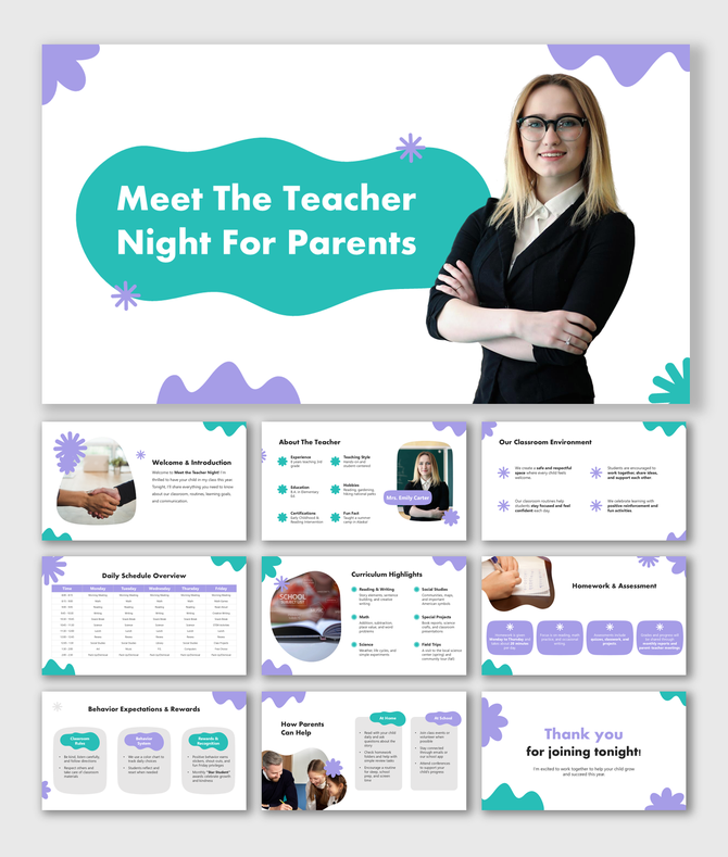 Meet The Teacher Night For Parents with purple and teal accents, teacher info, schedule, and class expectations slides. 