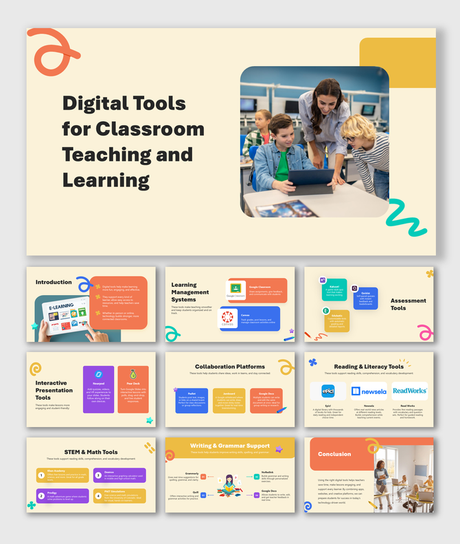 Pastel-themed Digital Tools for Classroom Teaching and Learning slides with photos, icons, shapes, and color-coded text.     