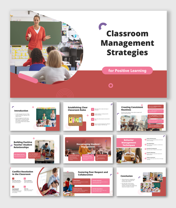 Classroom management strategies for positive learning slides with teacher photos, red shapes, and text boxes.