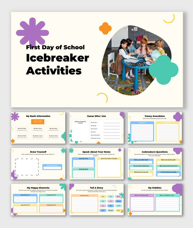 A colorful first day of school icebreaker activities presentation with text and photo holders, shapes, and drawing spaces.
