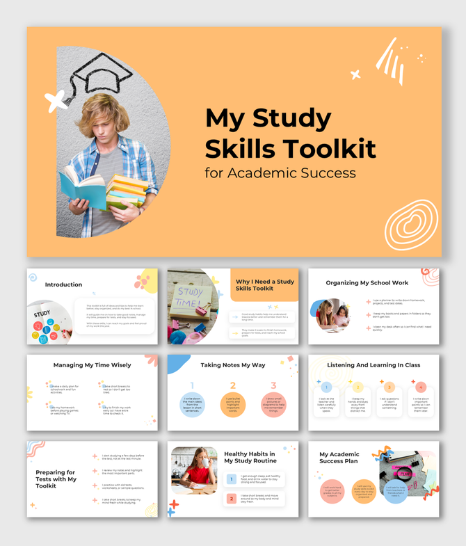 A vibrant my study skills toolkit for academic success PPT with orange and white colors, featuring text and image holders.
