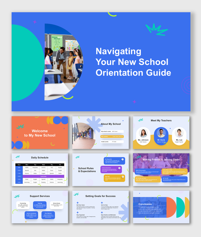A navigating your new school orientation guide PPT with a blue, orange, and white theme with geometric shapes.