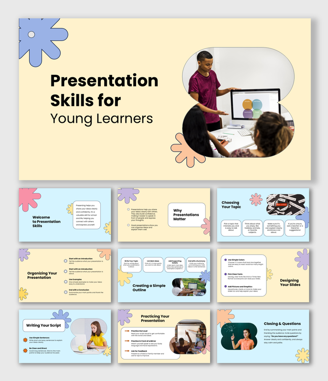 A colorful presentation skills for young learners PPT with light blue, yellow, and black colors, text, and photo holders.