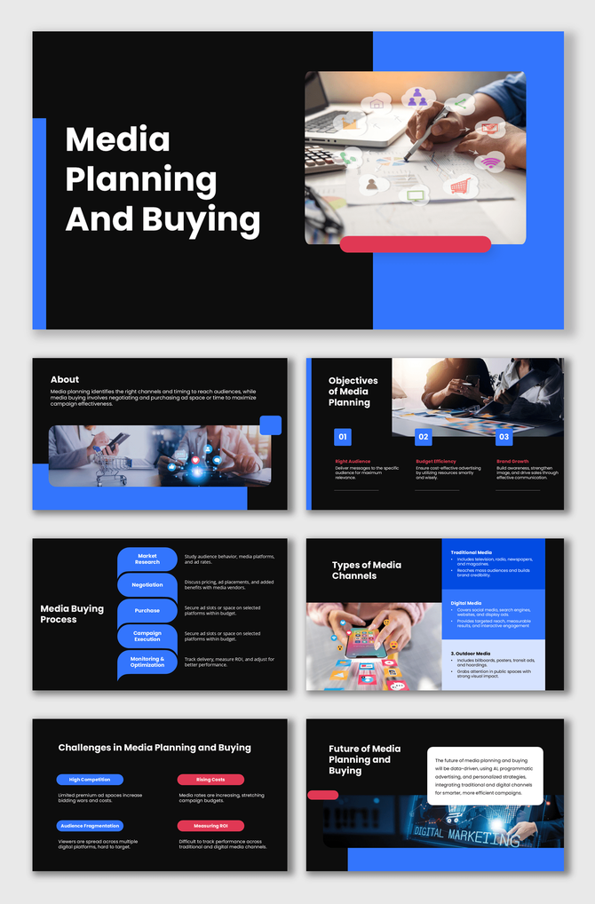 Media planning And buying template with black-blue theme, charts, icons, business visuals, objectives, process, and ROI guide