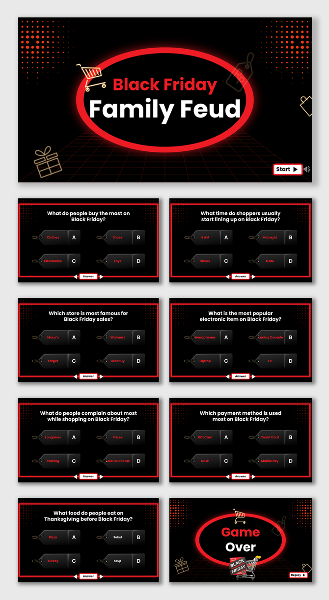 Black Friday Family Feud game slides with red-black theme, quiz questions, shopping icons, answer tags, and game over slide.