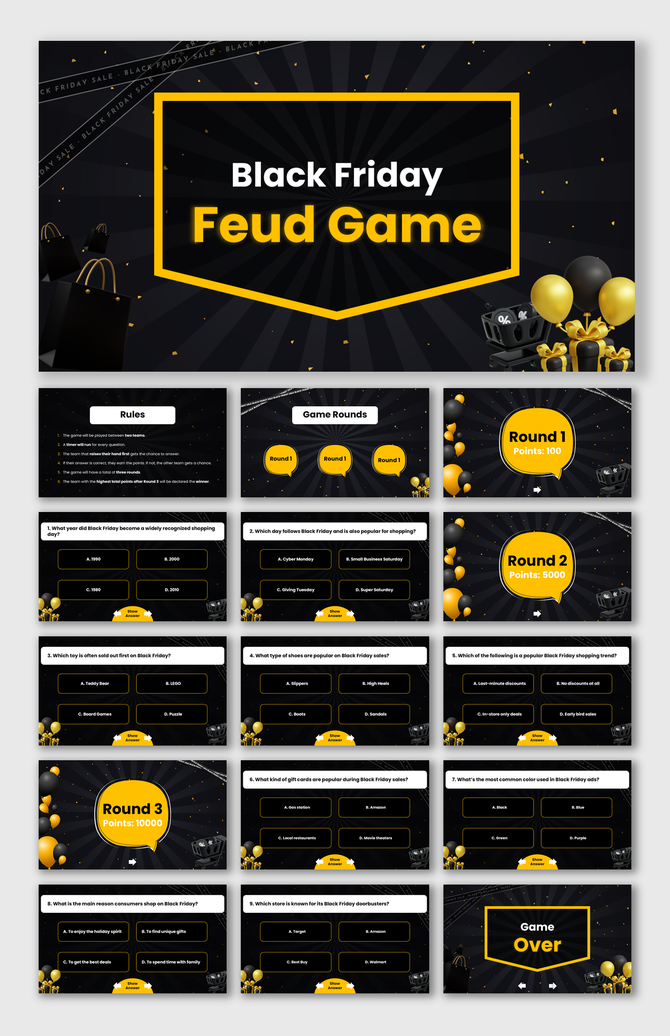 Black Friday Feud Game slides with a black-gold theme, balloons, shopping icons, a quiz, score points, and a game-over slide.
