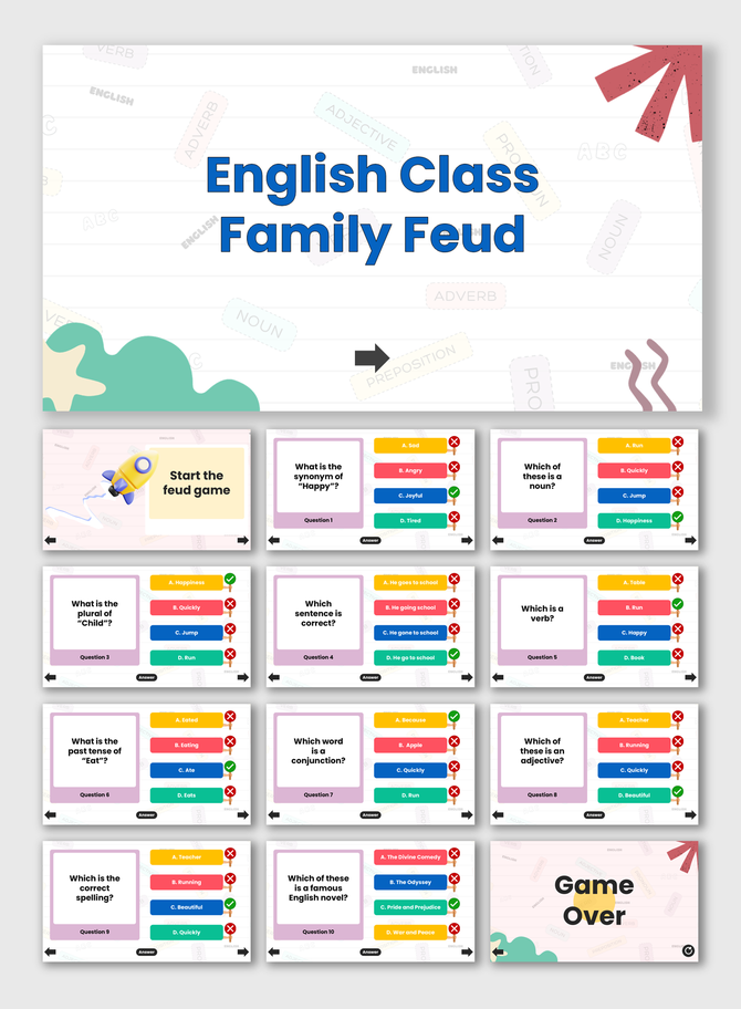 English Class Family Feud slides with pastel theme, grammar and vocabulary quiz questions, answer boxes, and game over slide.