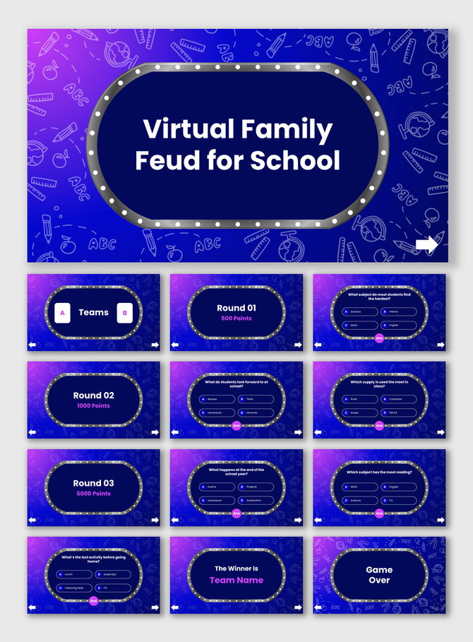 Virtual Family Feud For school game slides with neon borders, student-focused questions, team setup, and game-over screen.
