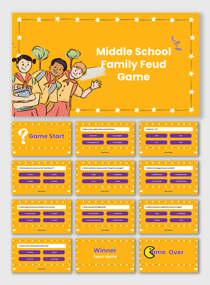 Middle School Family Feud Game with yellow theme, cartoon kids, quiz rounds, purple answer boxes, and game over slide.