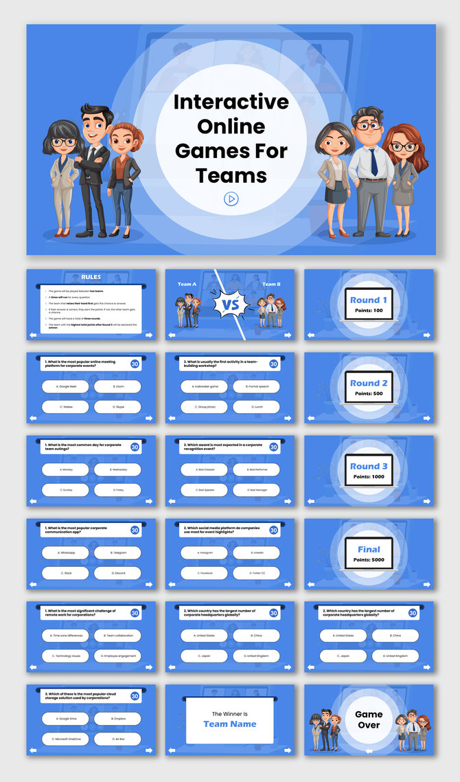 Interactive Online Games For Teams template with blue theme, cartoon employees, quiz rounds, answer boxes, and results.