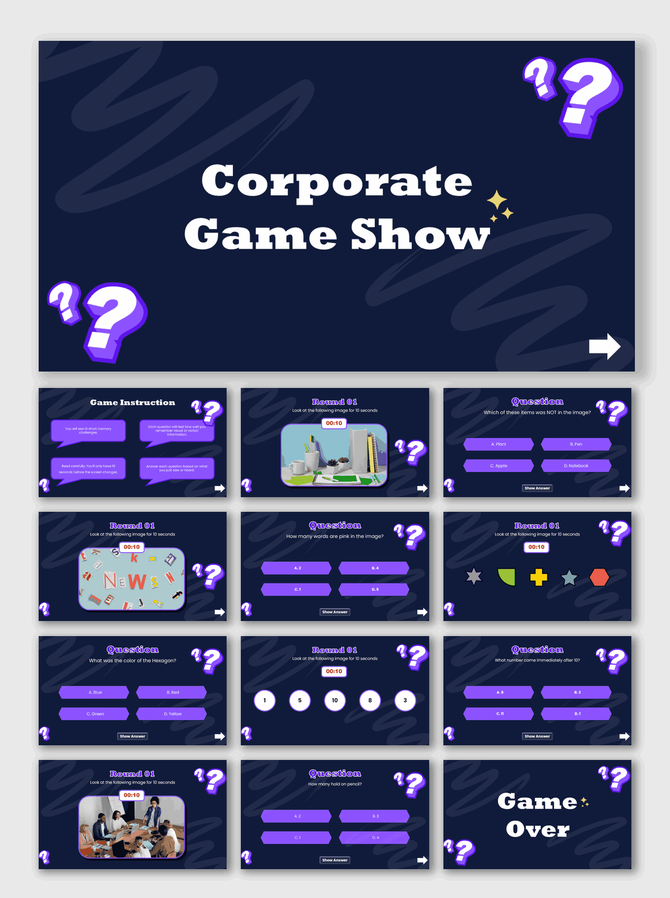 Corporate Game Show slides with dark blue theme, purple icons, shapes, images, content boxes, and text holders.
