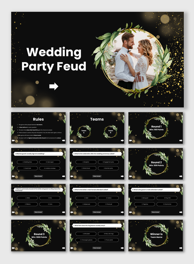 Wedding Party Feud template with black-gold theme, floral frames, quiz rounds, team setup, rules, and winner slide.