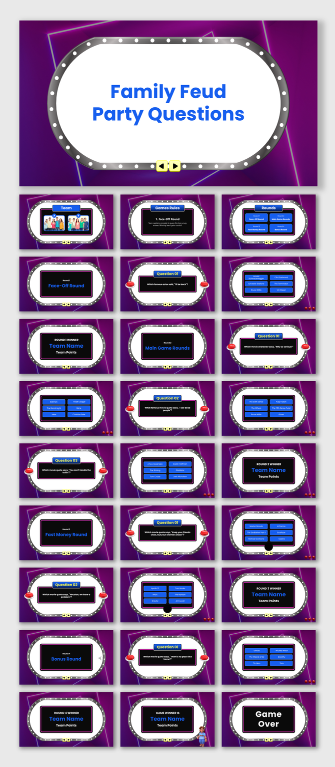 Family Feud Party Questions presentation with purple theme, quiz rounds, answer boxes, team slides, and game over.