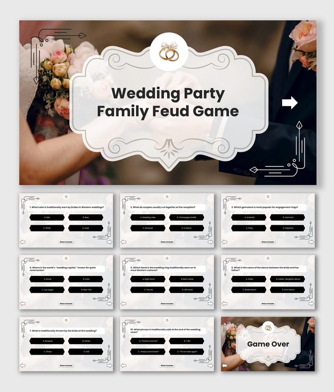 Wedding Party Family Feud Game with beige theme, floral design, rings icon, quiz rounds, answer boxes, and game over.