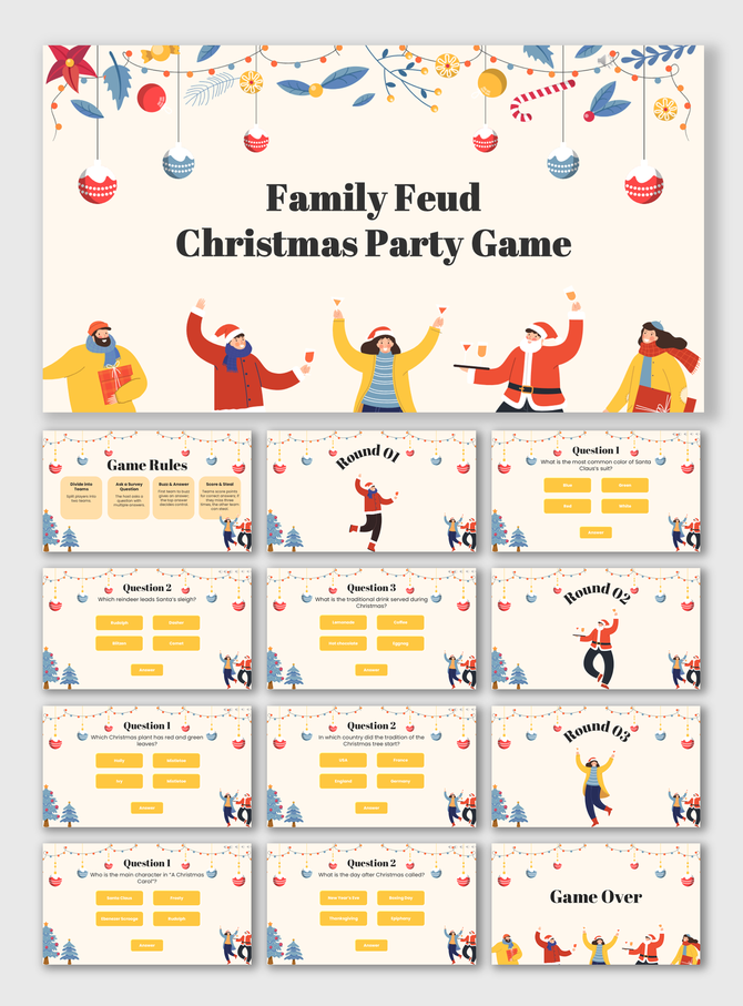 Family Feud Christmas Party Game slides with red-green theme, festive icons, quiz rounds, answer boxes, and game over.