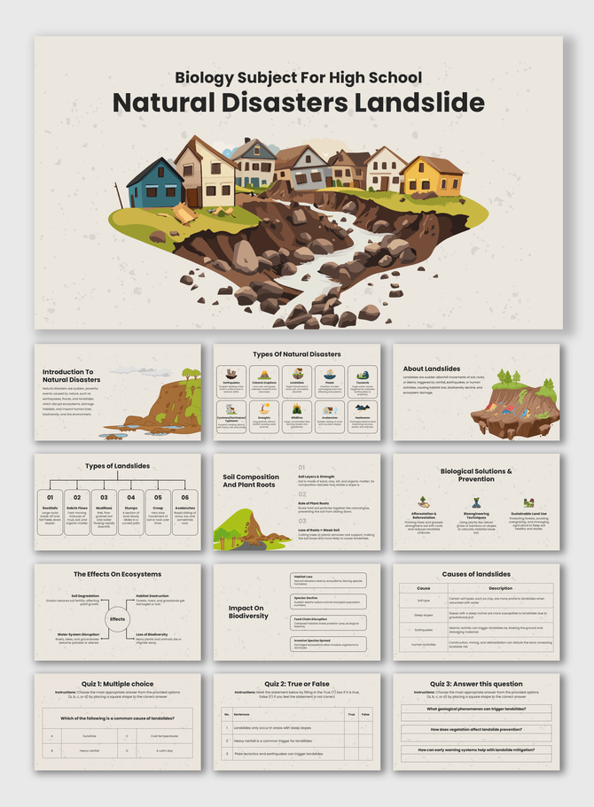 Biology Subject for High School: Natural Disasters Landslide with cracked land, soil charts, effects, and quiz slides.
