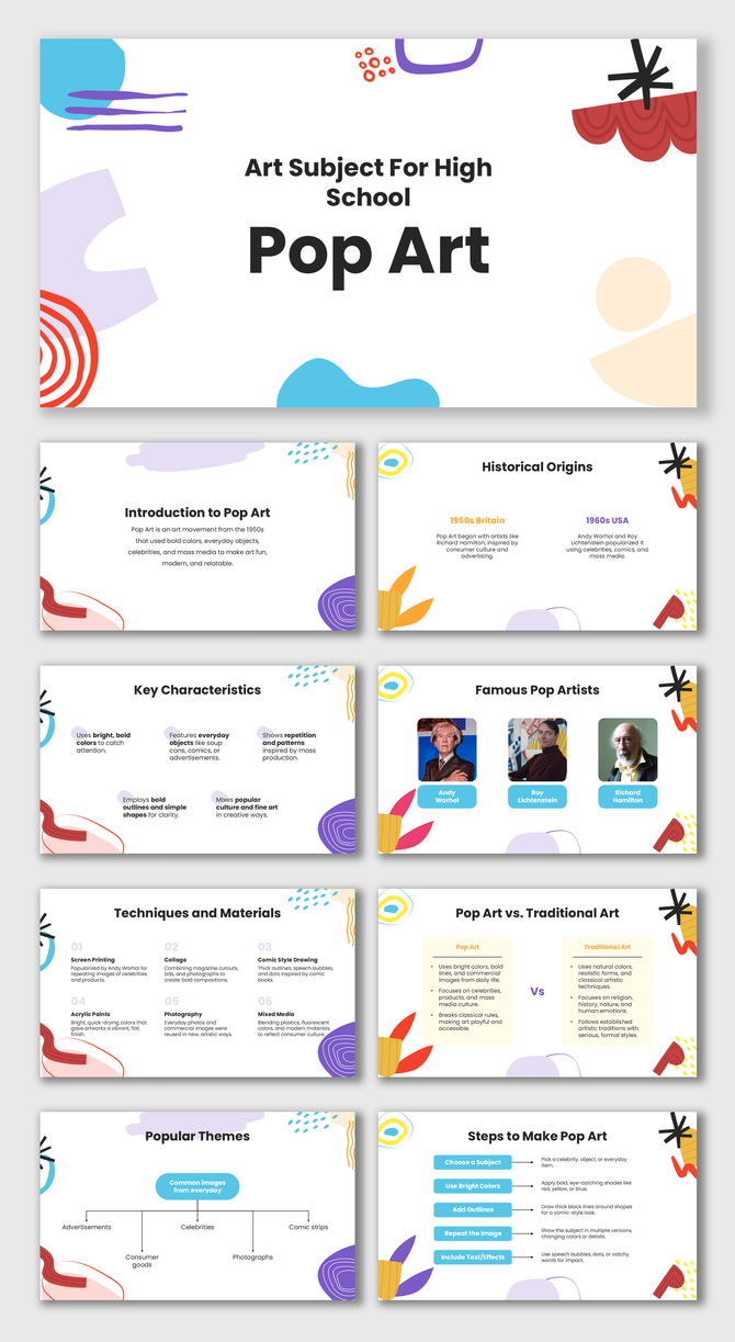 Art Subject For High School Pop Art with bright colors, abstract shapes, artist visuals, creative layouts, and text holders.