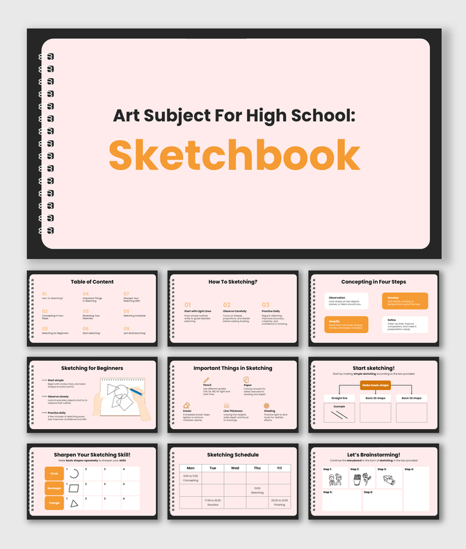 art subject for high school sketchbook with pink theme, notebook layout, drawing icons, sketching tips, and creative guides.