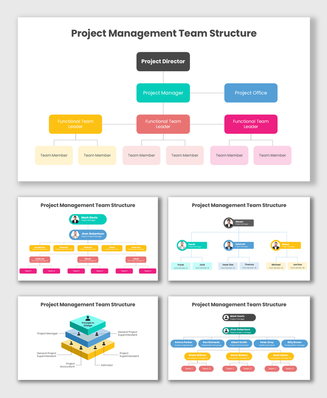 Project Management Team Structure with colorful hierarchy charts, team roles, flow connections, and editable layouts.