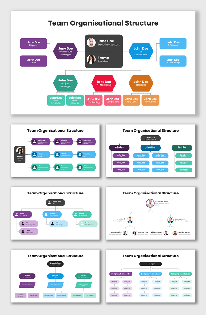 Team Organizational Structure with colorful hierarchy charts, role boxes, team photos, and editable layout designs.