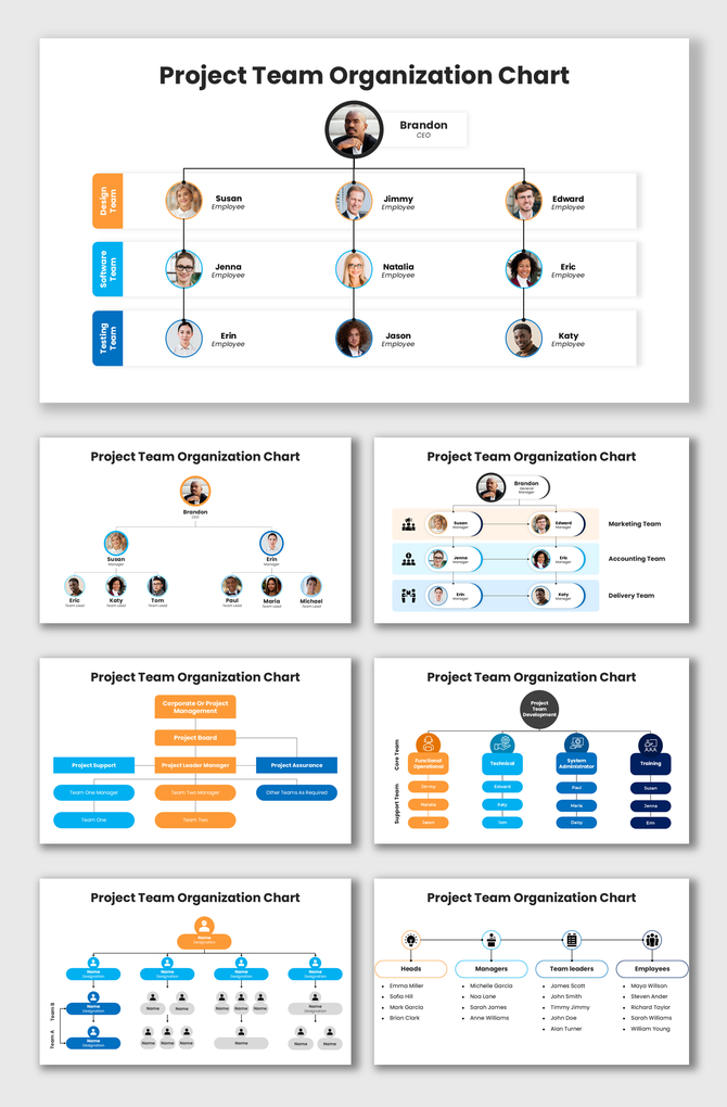 Project team organization chart slides with colorful hierarchy boxes, profile photos, and clear team role connections.