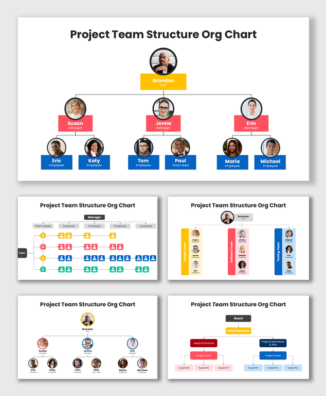 Project team structure org chart PPT with colorful hierarchy boxes, team photos, and clear reporting connections.