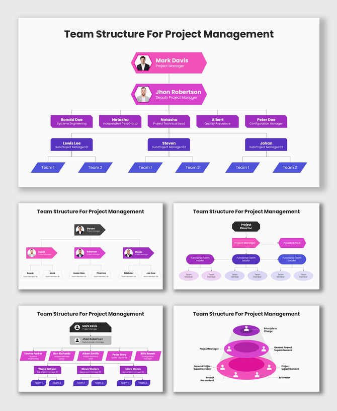 Team structure for project management slides with pink-purple theme showing managers, leads, and team hierarchy.