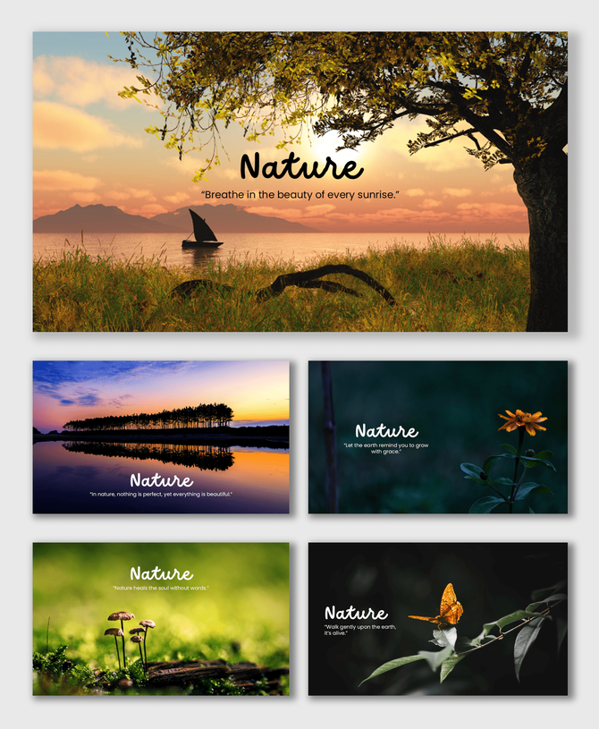 Nature Desktop Backgrounds with sunrise, greenery, flowers, and butterfly in warm tones and peaceful text quotes.