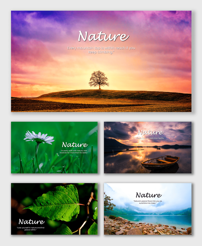 Nature Background Wallpaper with sunset, flowers, leaves, and lakes in calm green and orange tones with quotes.