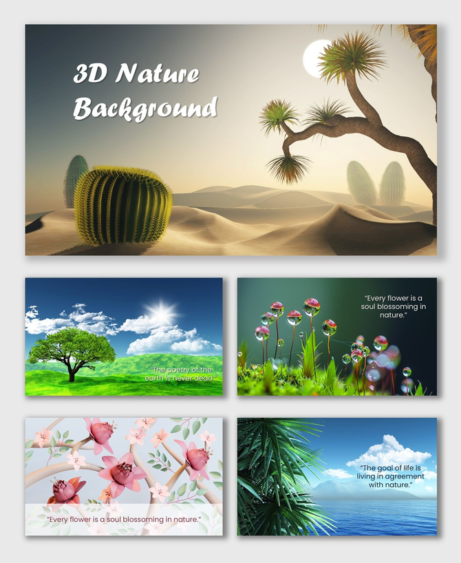 3D nature background wallpaper slides with cactus, flowers, trees, and ocean scenes in bright green, blue, and earthy tones.