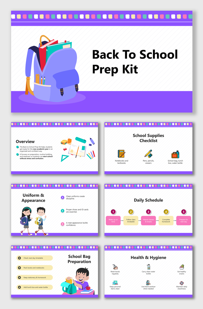Back to School Prep Kit with colorful backpack, supplies checklist, daily routine, uniform tips, and hygiene.