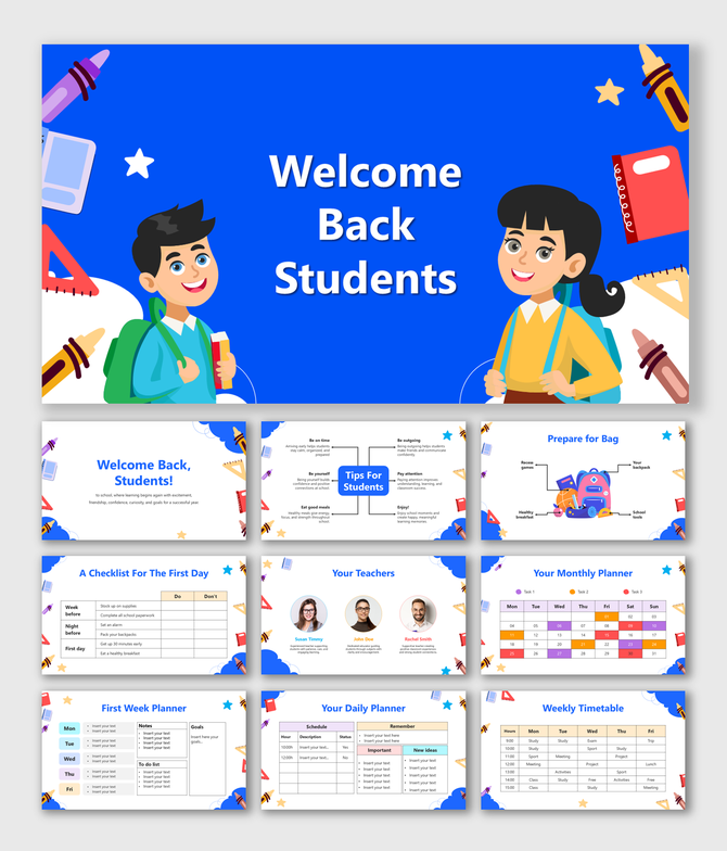 Welcome Back Students slides with cartoon kids, multicolor theme, playful school icons, planners, and clean classroom layout.