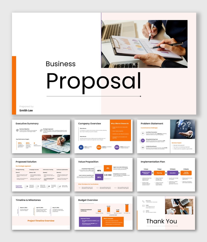 Alt: Overview of a 10-slide Business Proposal deck featuring clean layouts for timelines, implementation plans, and budget data.Alt: Overview of a 10-slide Business Proposal deck featuring clean layouts for timelines, implementation plans, and budget data