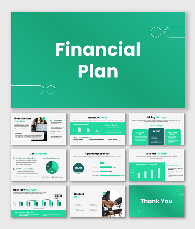 Financial plan slides with green theme, revenue models, cost charts, forecasts, pricing strategy, and clean layouts.
