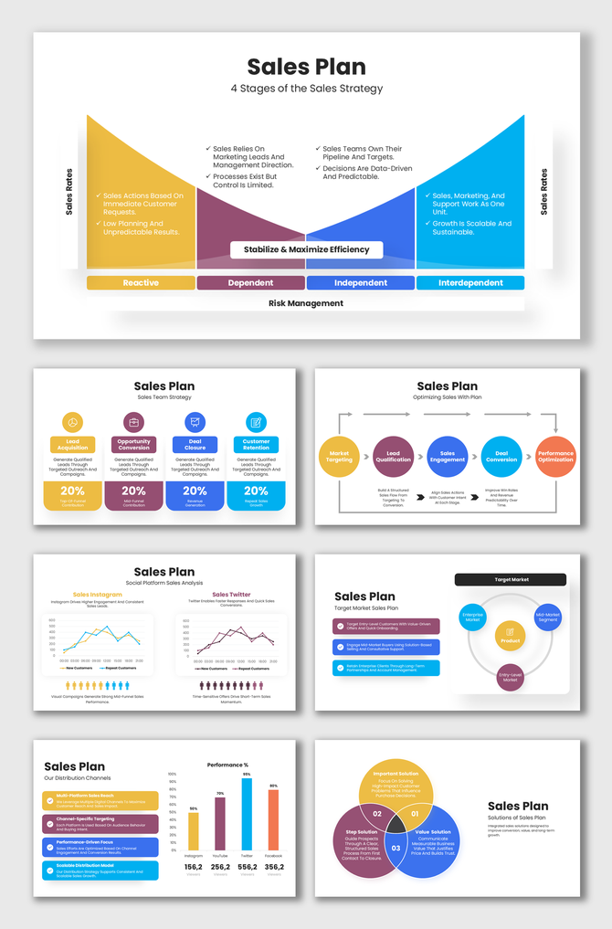 Sales plan slides with circular blue headers, charts, funnels, icons, and clean layouts for sales strategy planning.