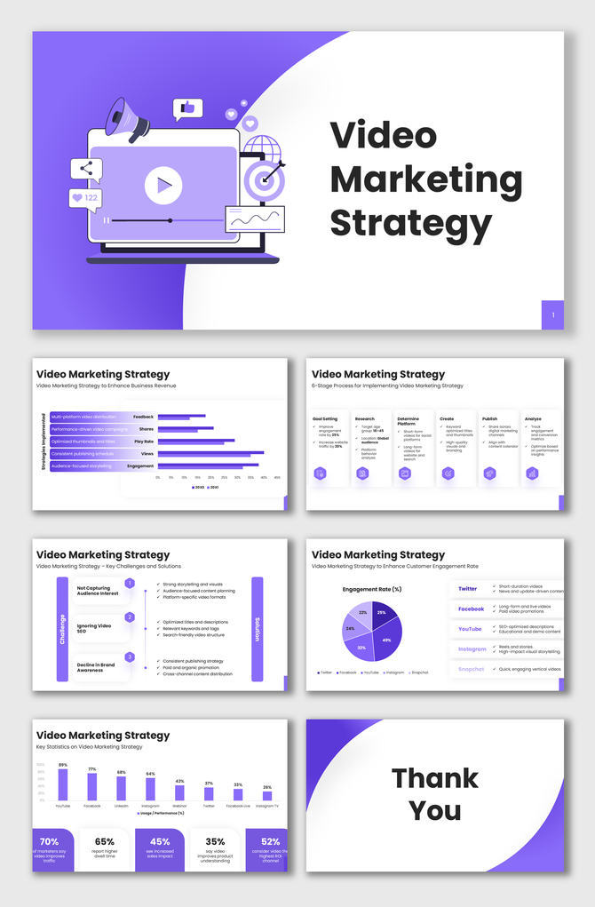 Video marketing strategy slides with purple theme, video player graphics, icons, charts, and clean layouts.