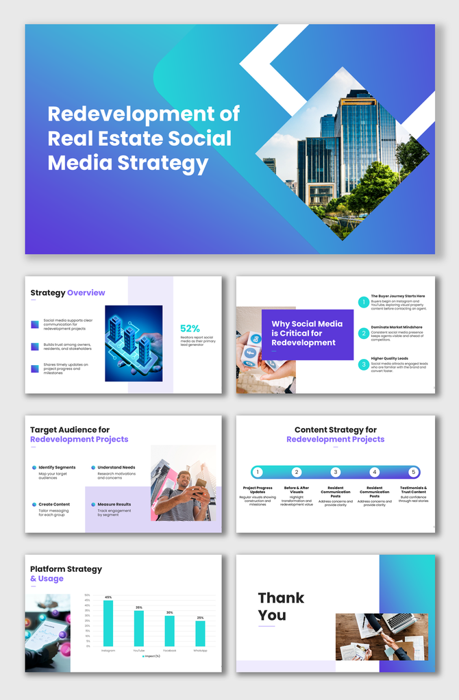 Redevelopment of Real Estate Social Media Strategy slides with blue layouts, city visuals, charts, and clear sections.
