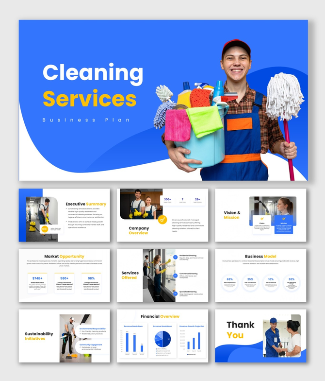 Business Plan Cleaning Services slides with blue theme, cleaner visuals, clear layouts, and business charts.