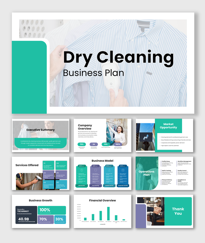 Dry Cleaning Business Plan slides with green theme, garment visuals, clear layouts, services, operations, and finance.