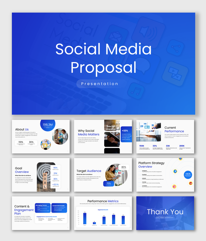 Social media proposal presentation with blue theme, icons, charts, audience goals, platform strategy, and clean layouts.