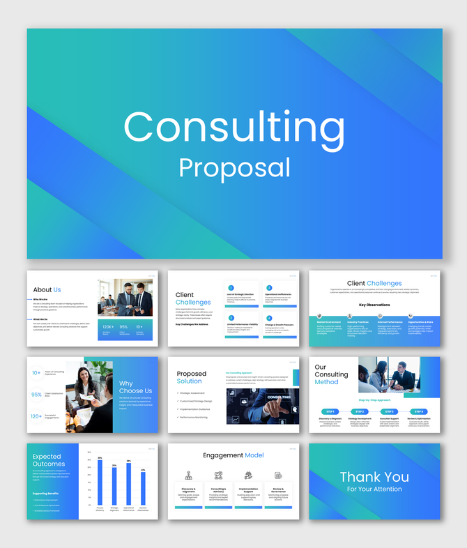 Consulting proposal presentation with blue gradient design, client challenges, solutions, charts, and clean layouts.