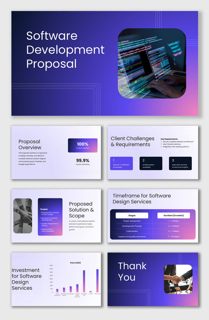 Software development proposal presentation with modern slides, coding visuals, timelines, scope details, and pricing charts.