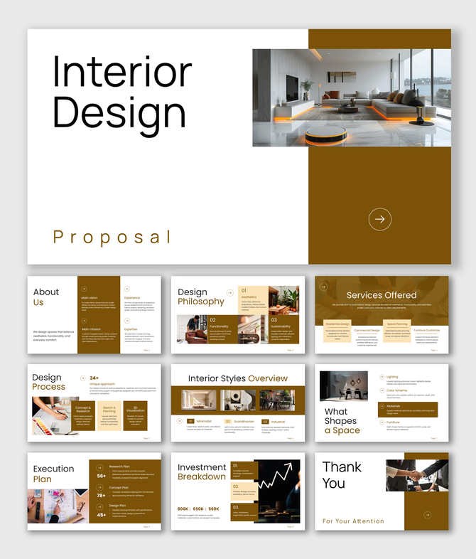 Interior design proposal featuring modern interiors, brown-white theme, clean layouts, services, styles, and cost planning.
